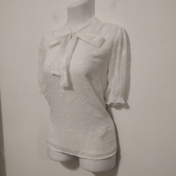 Calvin Klein - Neck Tie Puff Sleeves Sheer Blouse - Picture 8 of 16